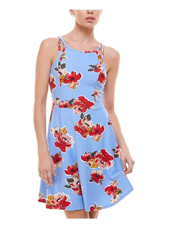 Crazy Deals PLANET GOLD Womens Light Blue Stretch Floral Sleeveless Scoop Neck Above The Knee Party Fit + Flare Dress