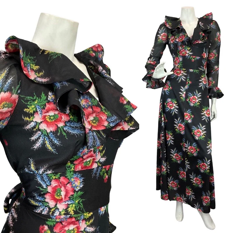 Midnight Madness VINTAGE 60s 70s BLACK RED BLUE FLORAL BOUQUET RUFFLE BOHO MOD MAXI DRESS 10