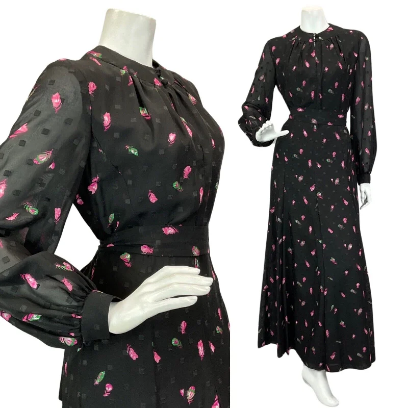 Take Advantage VINTAGE 60s 70s BLACK PINK GREEN FLOWER PRINT BOHO EVENING MAXI DRESS 12