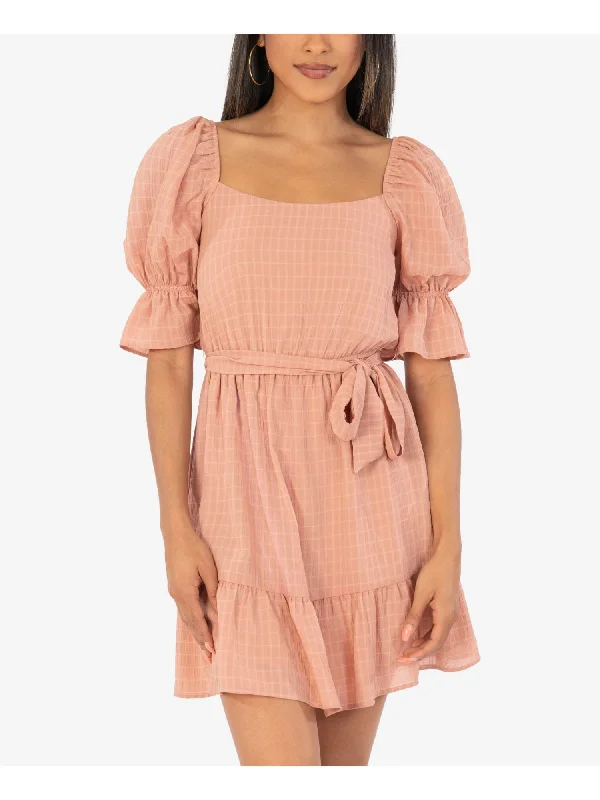 Discount Deals SPEECHLESS Womens Brown Stretch Ruffled Belted Semi-sheer Lined Pouf Sleeve Square Neck Mini Party Fit + Flare Dress