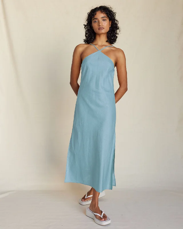 Factory Direct Sale Krisha Linen Halter Midi Dress - Duckegg