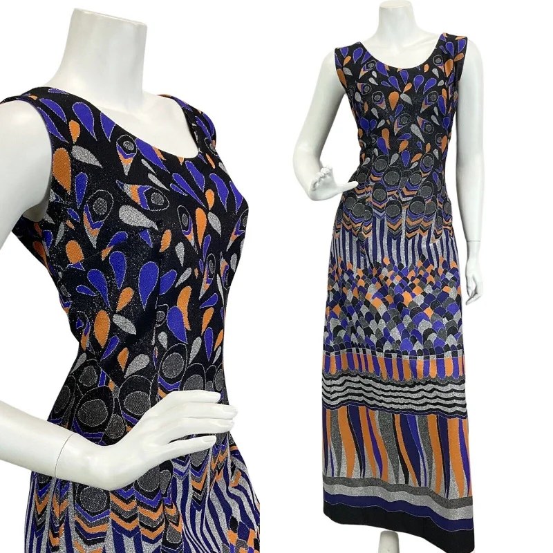 Massive Deals VINTAGE 60s 70s BLACK PURPLE ORANGE SILVER ABSTRACT DISCO PARTY  MAXI DRESS 12