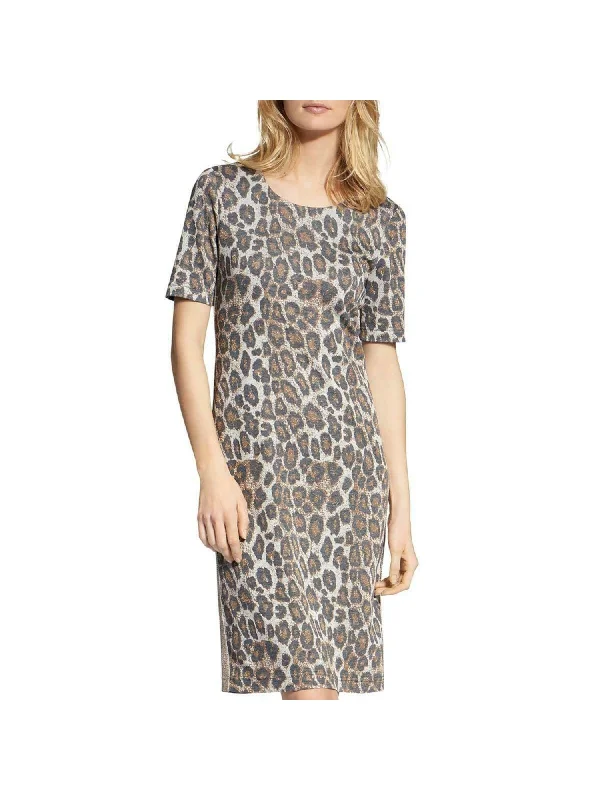Online Specials BASLER Womens Ivory Animal Print Short Sleeve Jewel Neck Above The Knee Wear To Work Sheath Dress