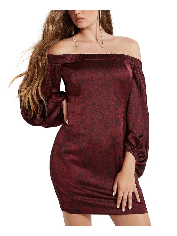 Hot Deal GUESS Womens Maroon Long Sleeve Off Shoulder Mini Cocktail Dress