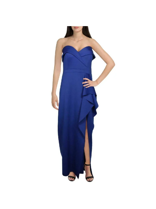 New Deals XSCAPE Womens Navy Ruffled Slitted Zippered Ruched Off Shoulder Full-Length Evening Sheath Dress