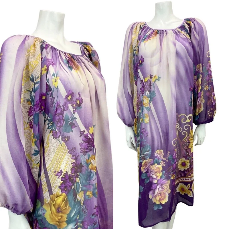 Limited Availability VINTAGE 60s 70s PURPLE LILAC YELLOW FLORAL BOHO SHEER MIDI DRESS 10 12 14 16 18