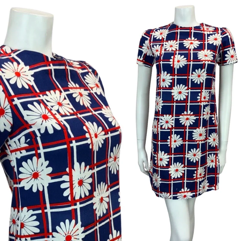 Amazing Deals VINTAGE 60s 70s NAVY BLUE RED WHITE DAISY PRINT MINI MOD DRESS 6 8