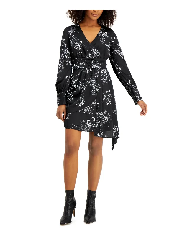 Amazing Deals BAR III Womens Black Printed Long Sleeve Surplice Neckline Short Party Faux Wrap Dress