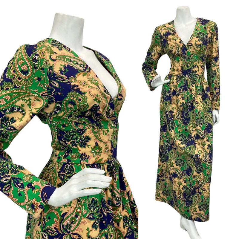 Fantastic Offers VINTAGE 60s 70s TAN GREEN BLUE FLORAL PAISLEY PRINT FOLK MAXI DRESS 14