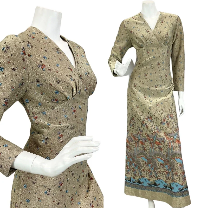 One-DAY Sale VINTAGE 60s 70s GOLD SPARKLY FLORAL BIRD PRINT DISCO BOHO FOLK  MAXI DRESS 10 12