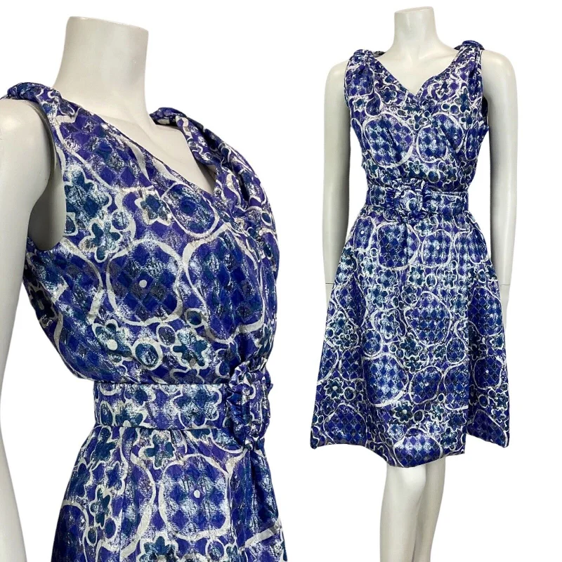 Daily Deals VINTAGE 60s 70s BLUE SILVER WHITE MOD MINI PARTY CHRISTMAS EVENING DRESS 10