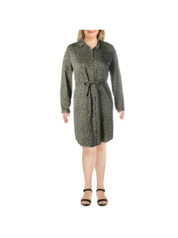 Best Seller C AND C CALIFORNIA Womens Green Animal Print Long Sleeve Collared Knee Length Shirt Dress