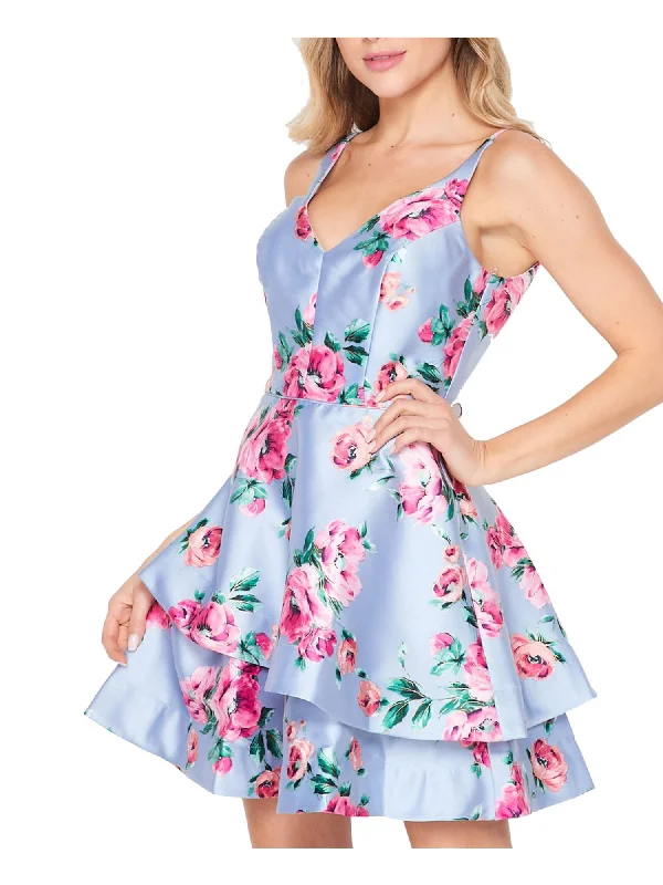 Today’s Deal TEEZE ME Womens Light Blue Zippered Ruffled Layered Floral Sleeveless V Neck Mini Party Fit + Flare Dress