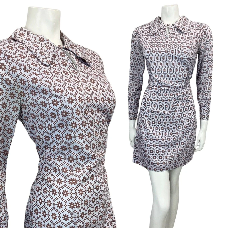 Discount Days VINTAGE 60s 70s LILAC BROWN FLORAL DAISY PRINT MOD MINI DRESS 10