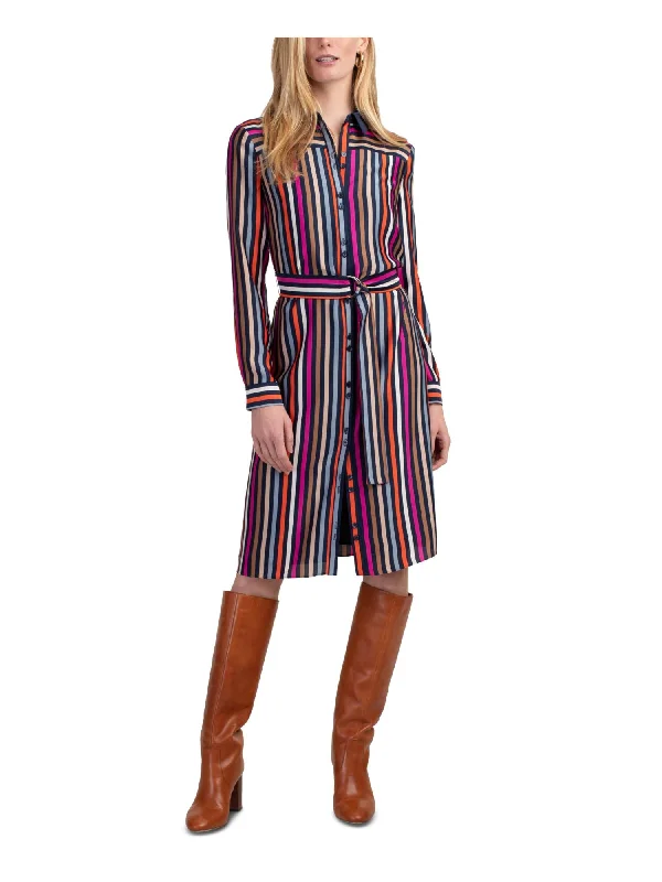 Extra Savings TRINA TURK Womens Navy Belted Satin Striped Cuffed Collared Knee Length Shirt Dress