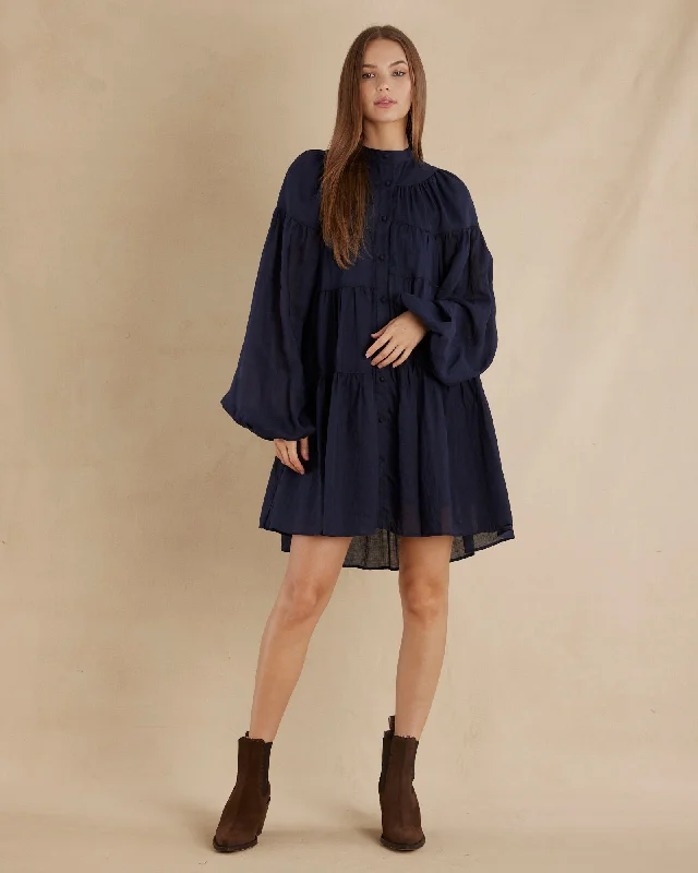 Take Advantage Isabelle Ramie Tiered Mini Dress - Navy