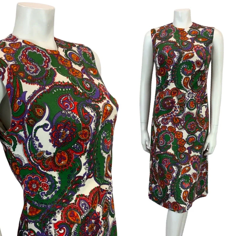 Crazy Deals VINTAGE 60s 70s DARK GREEN WHITE RED PURPLE PAISLEY PRINT MIDI DRESS DRESS 12