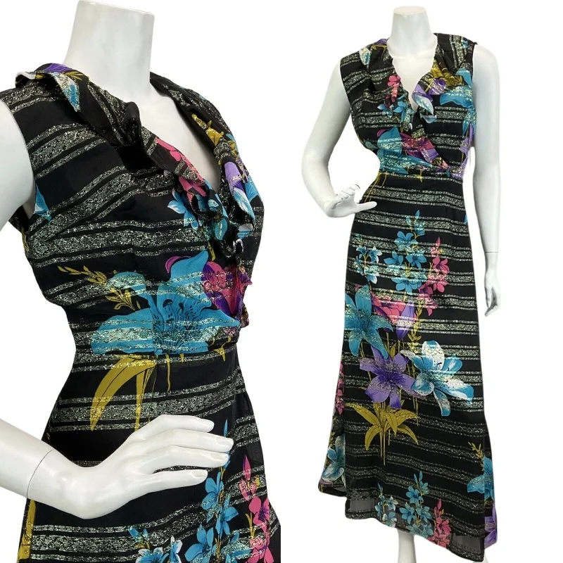 Early Access VINTAGE 60s 70s BLACK PINK BLUE  FLORAL BOHO DISCO PARTY  MAXI DRESS 8