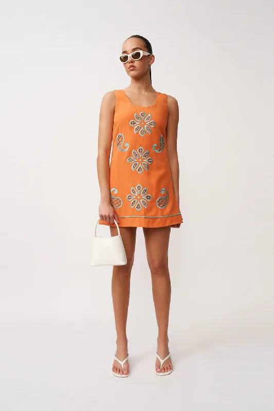 Special Price Alfresco Embroidery Mini Dress | Final Sale - Orange Aqua