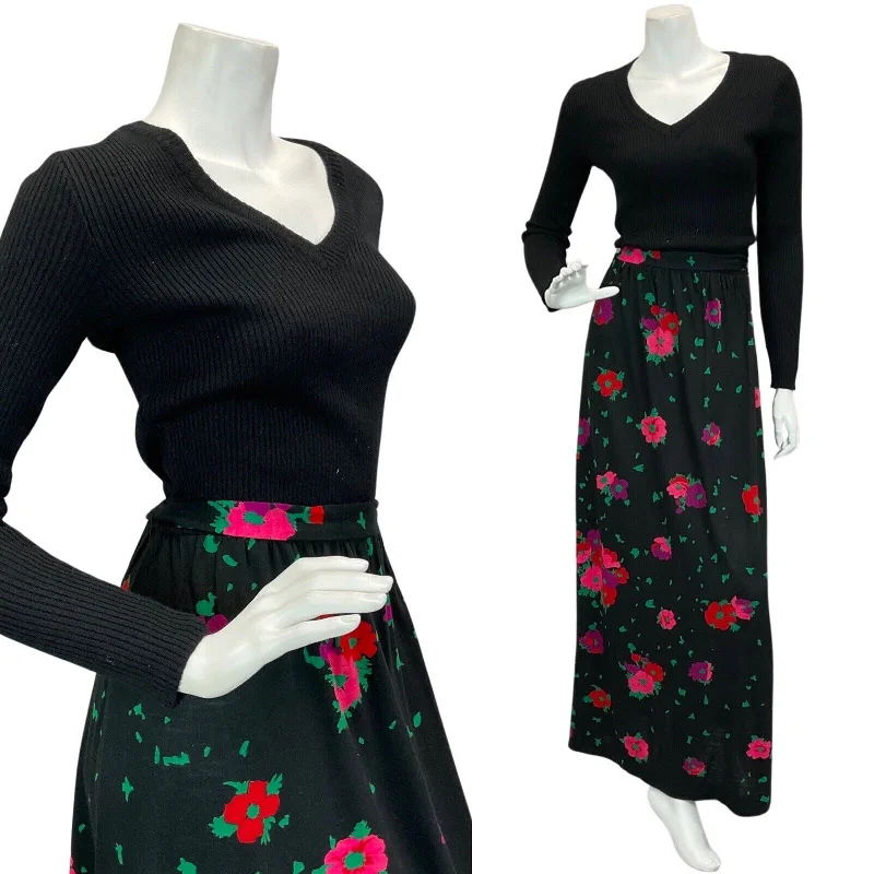 Massive Deals VINTAGE 60s 70s BLACK RED GREEN PURPLE FLORAL PRINT MAXI DRESS 10