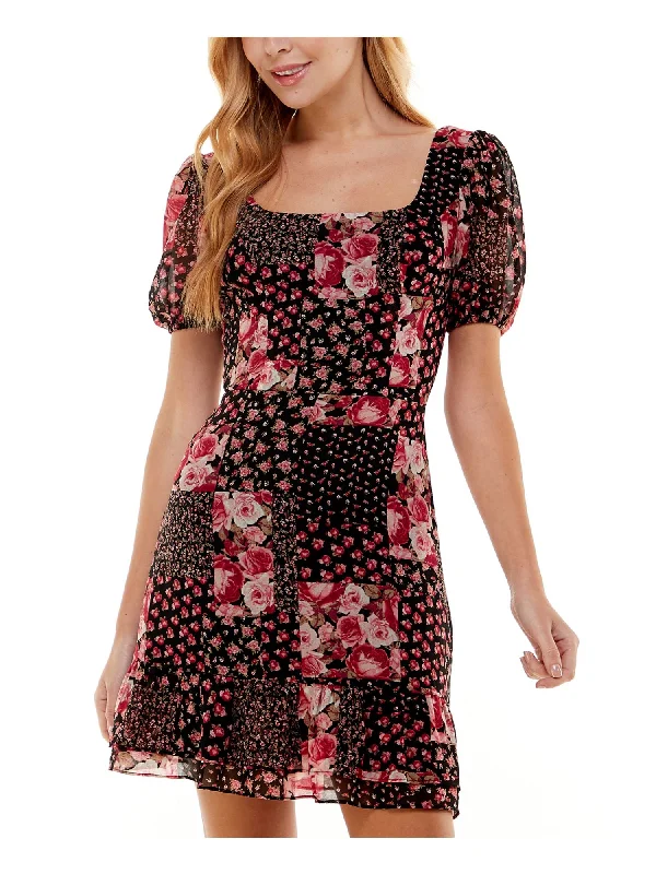 Anniversary Sale CITY STUDIO Womens Ruffled Printed Pouf Sleeve Square Neck Short Party Fit + Flare Dress