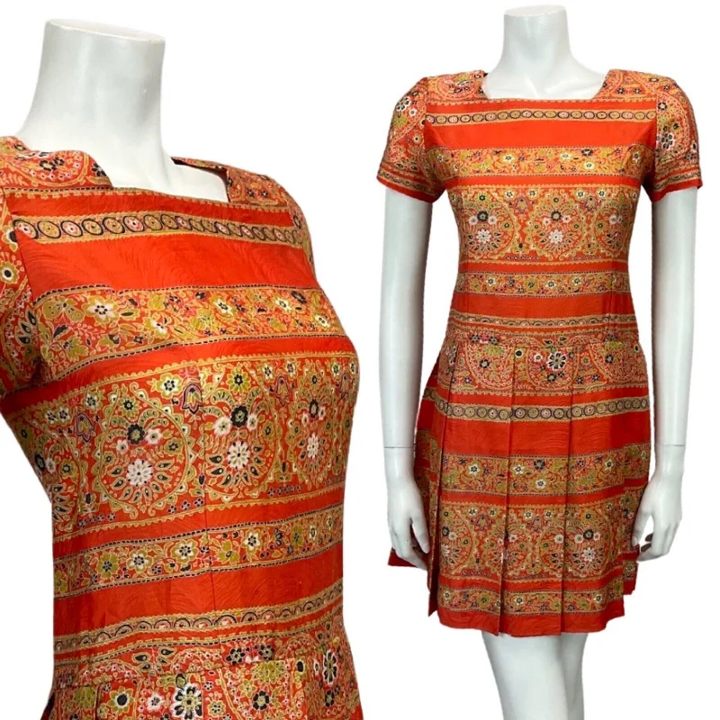 Act Fast VINTAGE 60s 70s ORANGE GOLD PATTERNED PLEATED MINI DRESS 6 8