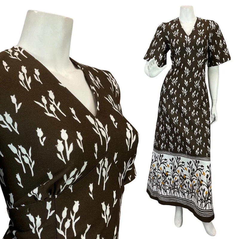 Price Cut VINTAGE 60s 70s BROWN WHITE TULIP FLORAL BOHO MOD MAXI DRESS 10 12