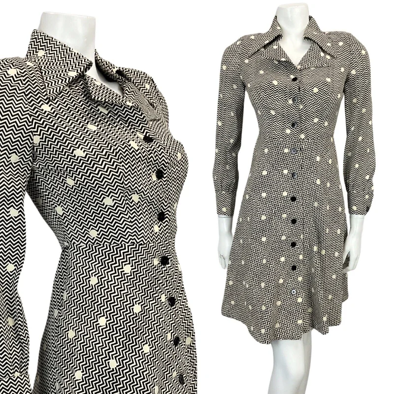 Deal Explosion VINTAGE 60s 70s CREAM BLACK POLKA DOT ABSTRACT PRINT DAGGAR COLLAR MIDI DRESS 6
