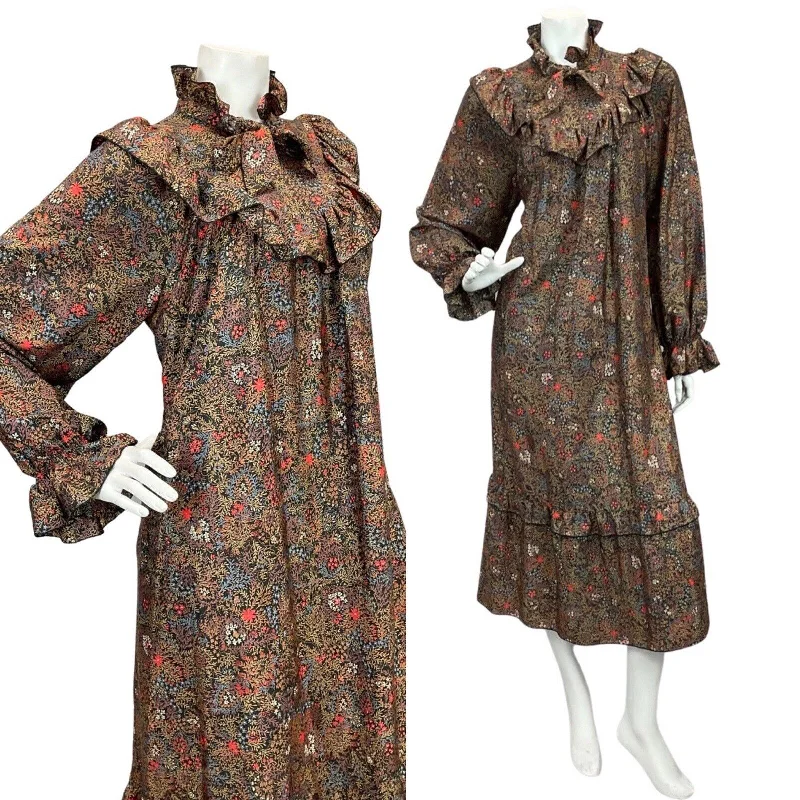 Price Rollback VINTAGE 60s 70s BLACK BROWN RED AUTUMNAL FLORAL PATTERNED RUFFLE MAXI DRESS 10