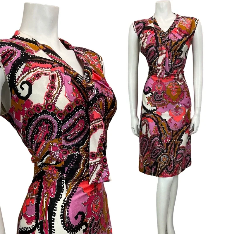 Daily Specials VINTAGE 60s 70s WHITE PINK BLACK PSYCHEDELIC PAISLEY PRINT MIDI DRESS 14