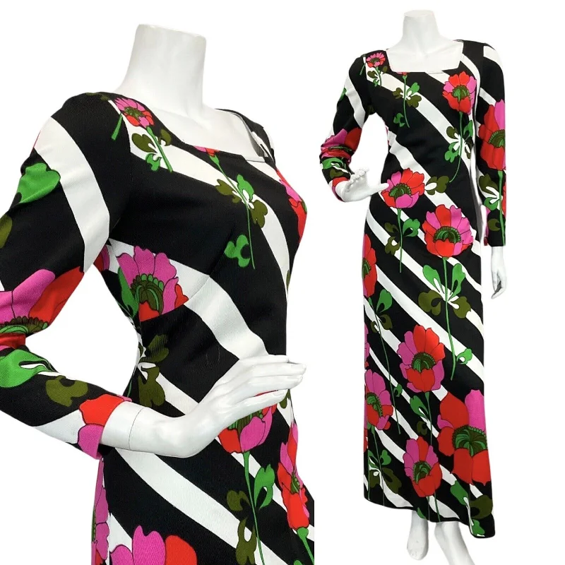 Savings Event VTG 60s 70s BLACK WHITE STRIPED ROSE FLORAL PRINT MAXI MOD DRESS 10 12