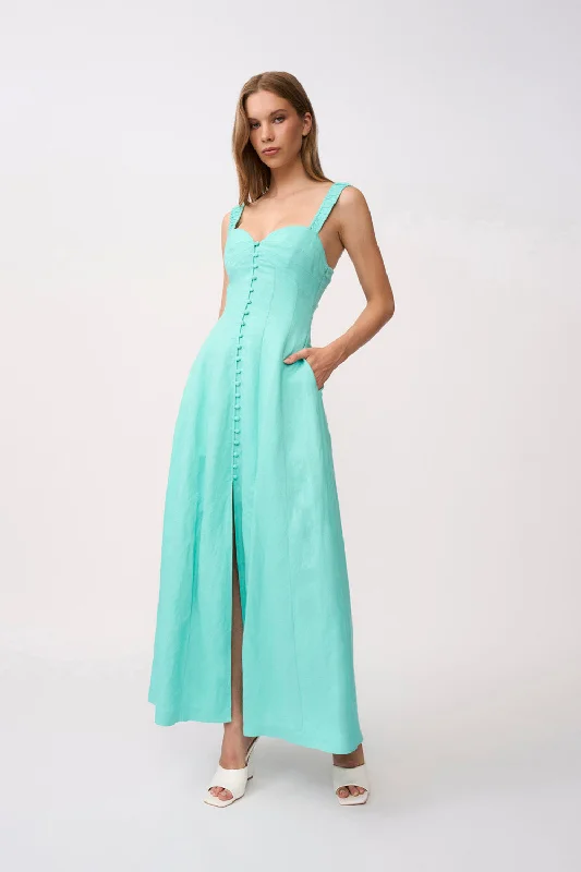 Online Only Giovanna Button Down Ankle Length Dress - Aqua