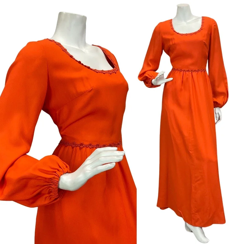 Quick Sale VINTAGE 60s 70s ORANGE FLORAL EMBROIDERY BALLOON SLEEVE BOHO MAXI DRESS 10 12
