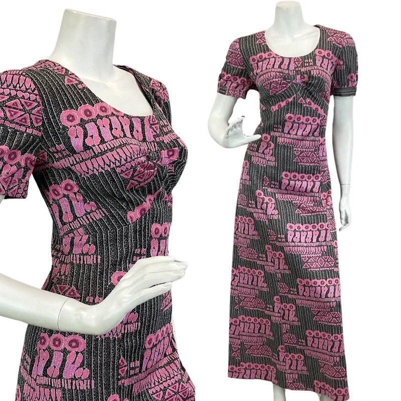 Price Rollback VINTAGE 60s 70s BLACK PINK SILVER ABSTRACT PRINT DISCO PARTY MAXI DRESS 14 16