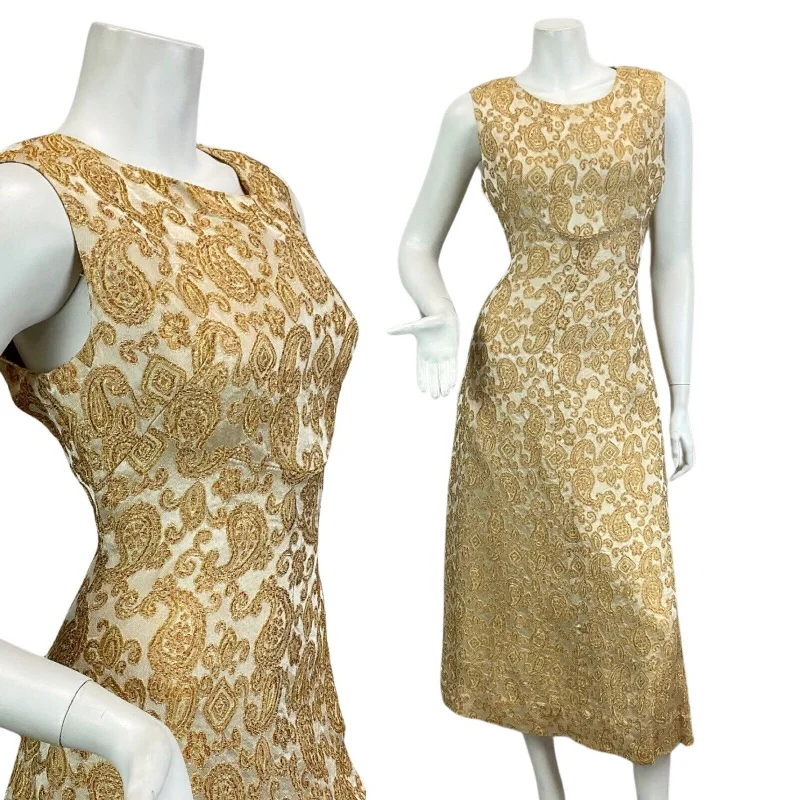Online Only VTG 60s 70s GOLD BRONZE PAISLEY PRINT EMBROIDERED BOHO PARTY  MAXI DRESS 10 12