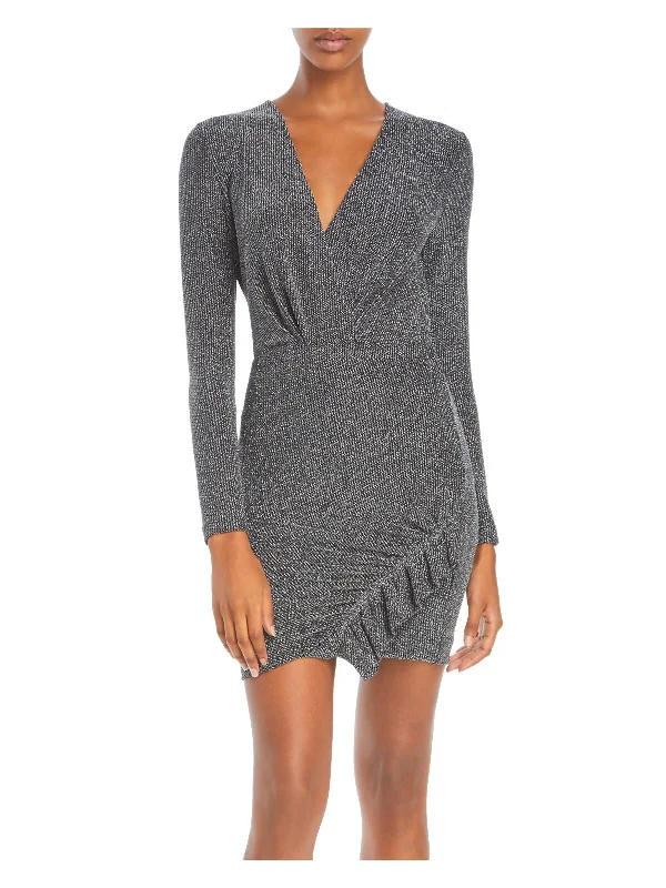 Hurry In IRO.JEANS Womens Black Glitter Ruffled Long Sleeve Surplice Neckline Mini Party Body Con Dress