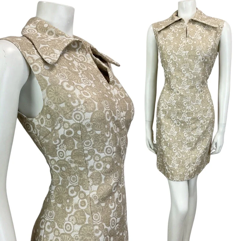 Referral Discount VTG 60s 70s GOLD BEIGE MOD DAGGAR COLLAR MINI PARTY CHRISTMAS EVENING DRESS 14