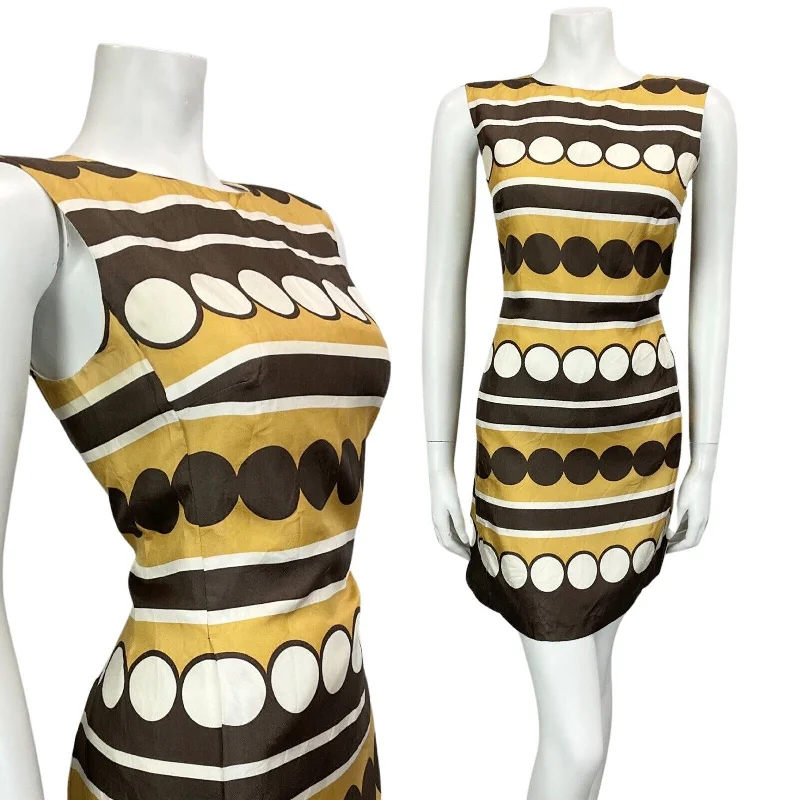 TIME-Limited Offer VINTAGE 60s 70s CREAM TAN BROWN PSYCHEDELIC SILK MINI MOD DRESS 10