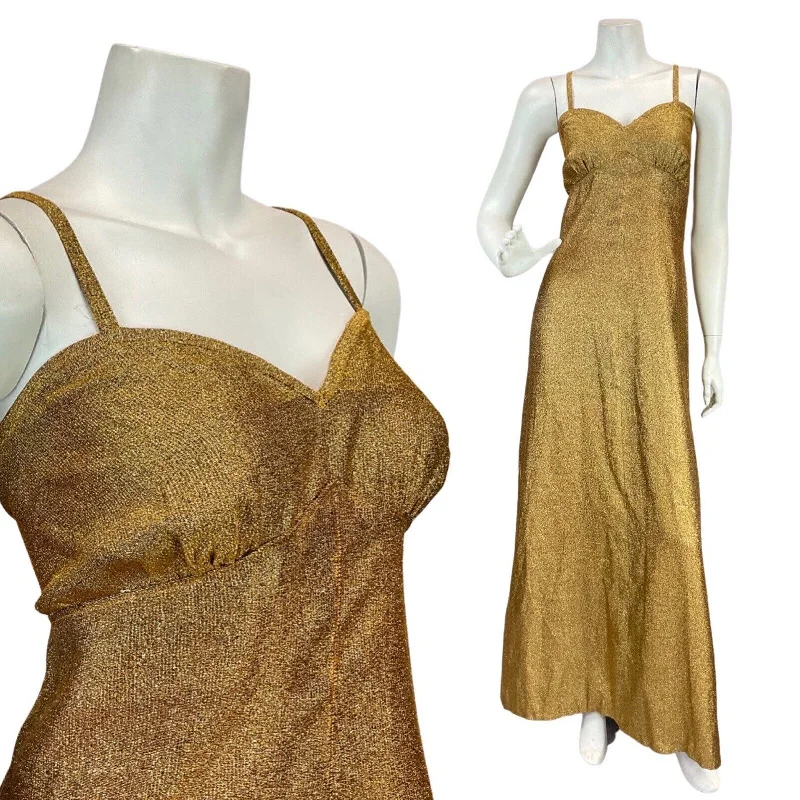 Don't Miss VINTAGE 60s 70s BRASSY GOLD GLITTER LUREX PARTY DISCO STRAPPY MAXI DRESS 12