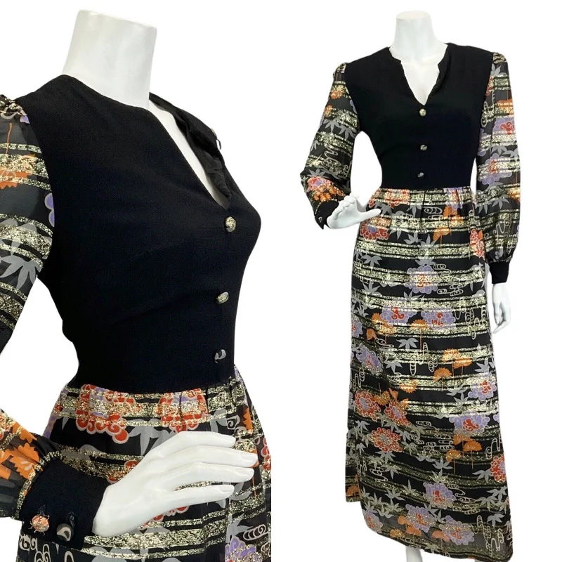 Steals and Deals VTG 60s 70s BLACK GOLD ORANGE RED FLORAL METALLIC DISCO PARTY  MAXI DRESS 8 10