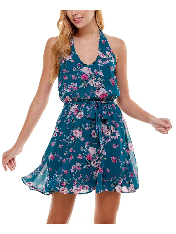Bargain Blast CITY STUDIO Womens Tie Floral Sleeveless Scoop Neck Mini Party Fit + Flare Dress