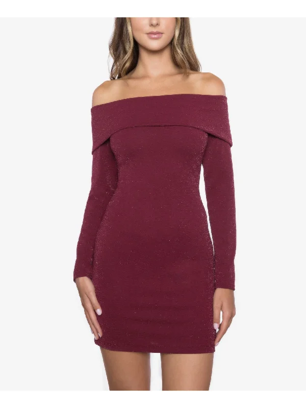 Year-End Sale B DARLIN Womens Red Glitter Long Sleeve Off Shoulder Mini Party Body Con Dress