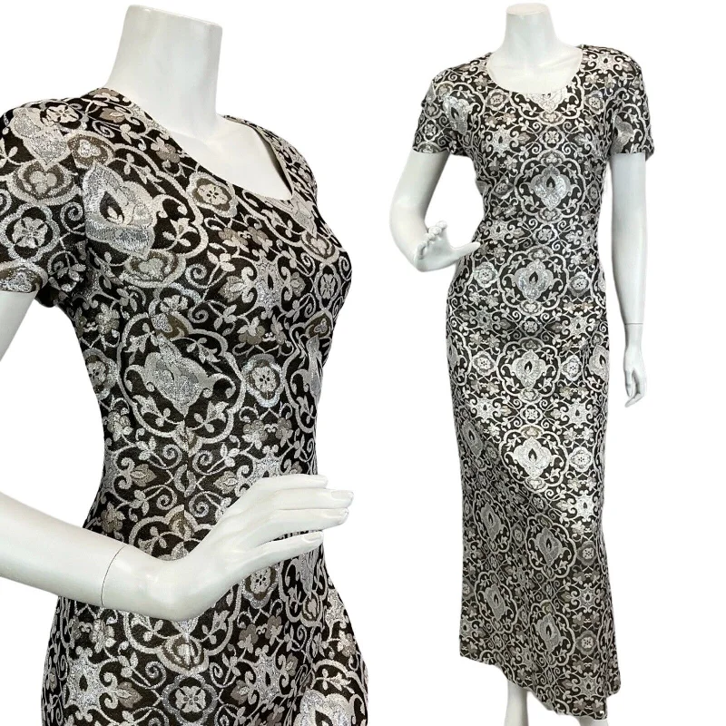 Can't Be Beat VTG 60s 70s SILVER METALLIC FLORAL PRINT DISCO PARTY EVENING MAXI DRESS 14 16