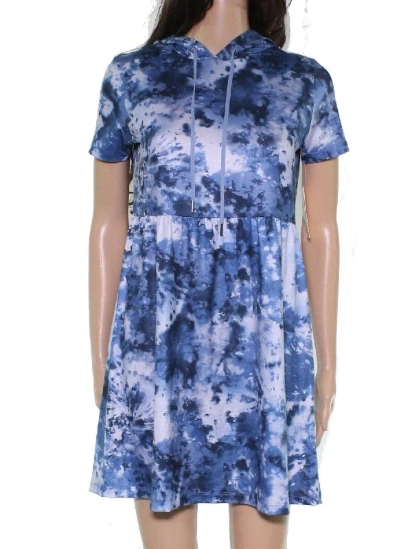 Low Prices BEBOP Womens Blue Stretch Tie Dye Short Sleeve Crew Neck Above The Knee Fit + Flare Dress