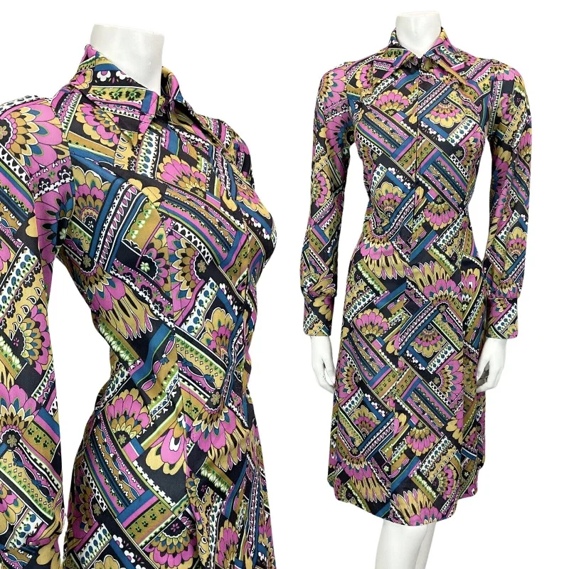 Quick Sale VINTAGE 60s 70s BLACK PURPLE BLUE GREEN PSYCHEDELIC MOD MIDI DRESS 8 10