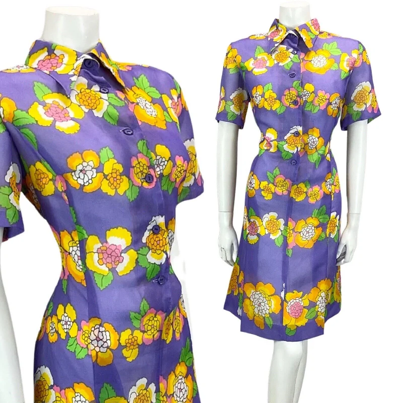 New Deals VINTAGE 60S 70S PURPLE PINK ORANGE FLORAL PRINT BOHO MOD MINI DRESS 16