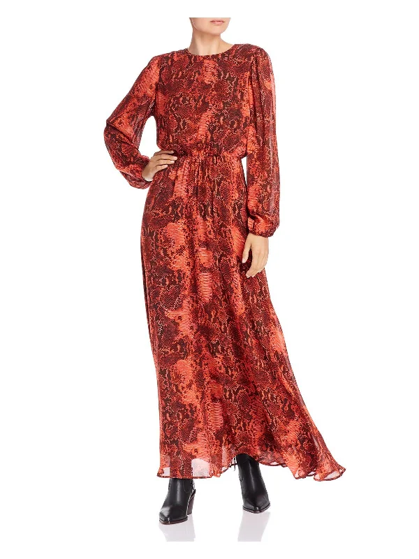 Bargain Bin NOTES Womens Red Animal Print Pouf Crew Neck Maxi Blouson Dress