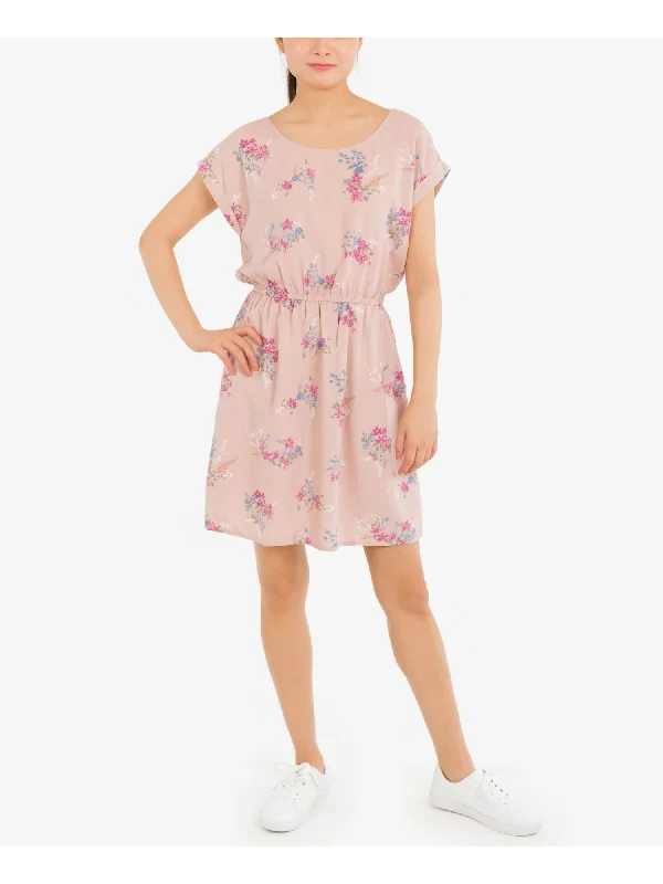 Stock Up and Save HIPPIE ROSE Womens Pink Pocketed Cut Out Elastic Waistband Floral Short Sleeve Scoop Neck Knee Length Fit + Flare Dress