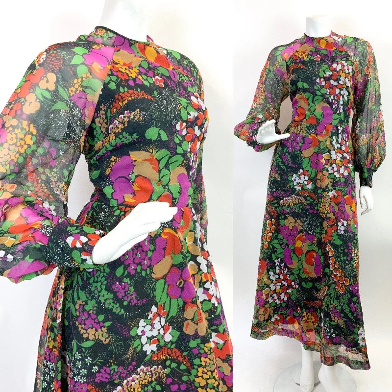 Final Markdown VTG 60s 70s BLACK PURPLE BEIGE FLORAL DITSY PSYCHEDELIC SHEER MAXI DRESS 8 10