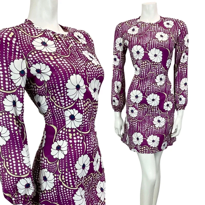 Extra Discounts VINTAGE 60S 70S PURPLE WHITE FLORAL PRINT BOHO MOD MINI DRESS 10